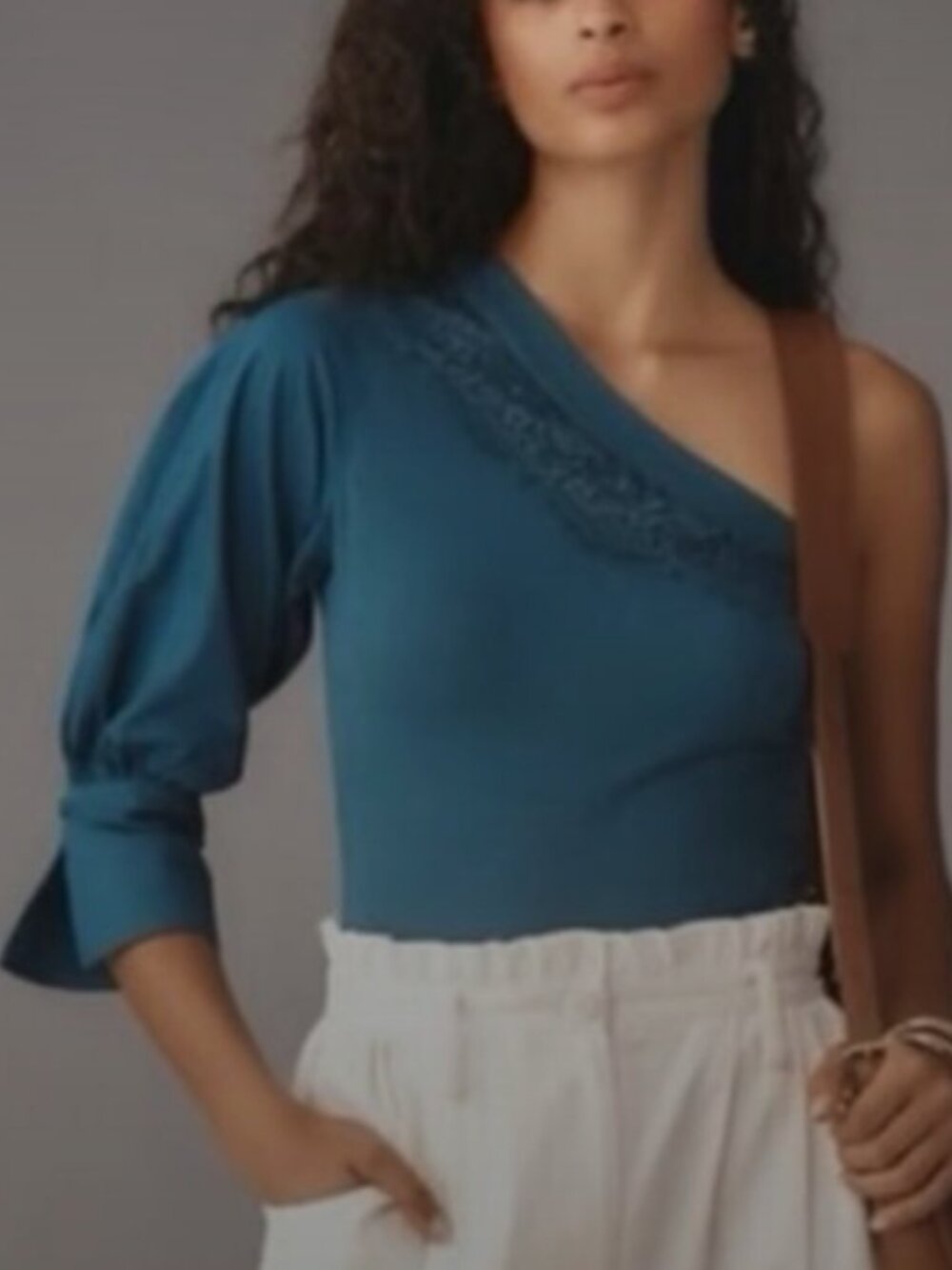 By Anthropologie Green One-Shoulder Puff-Sleeve Top Soze XL